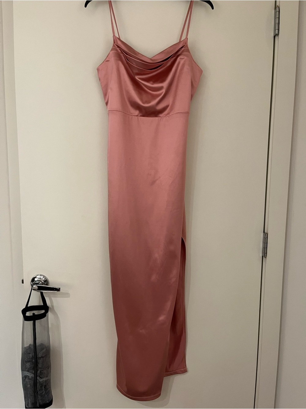 Antraner’s Satin Slip Maxi Dress with Slit in Dusty Rose